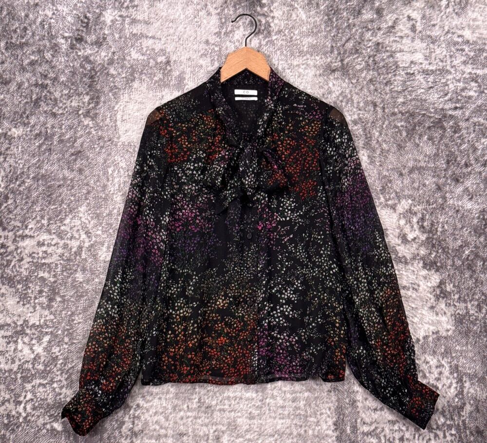 Co Collections Top Large Womens Silk Florals Tie Neck Long Sleeve Blouse